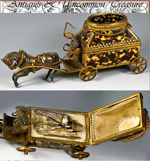 RAREST 1820-40 Palais Royal Sewing Etui - Faux Tortoise Shell & French Dore Bronze Carriage & Bronze Horse - RAREST 1820-40 Palais Royal Sewing Etui - Faux Tortoise Shell & French Dore Bronze Carriage & Bronze Horse -
