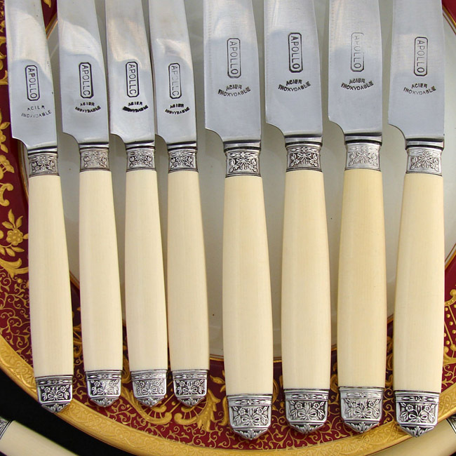 Elegant Vintage French 24pc Table Knife Set, Silver & Faux Ivory Elegant Vintage French 24pc Table Knife Set, Silver & Faux Ivory