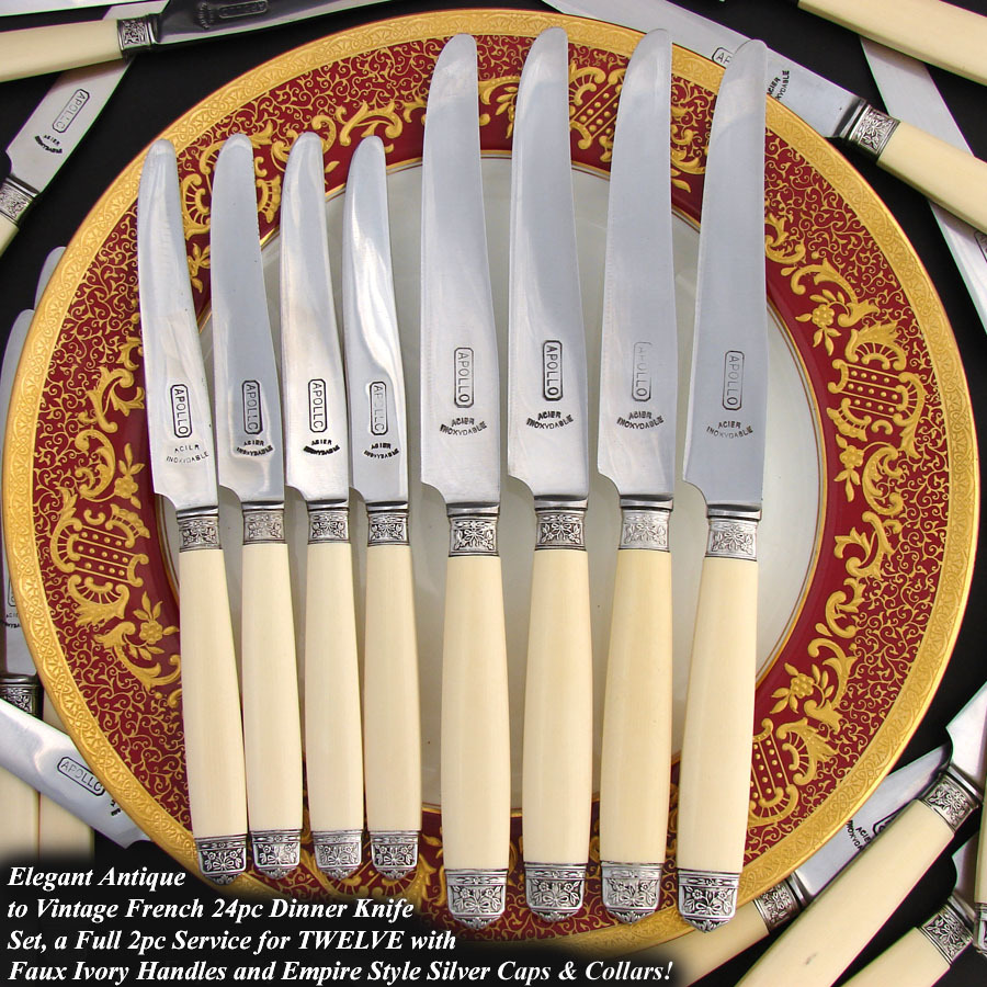 Elegant Vintage French 24pc Table Knife Set, Silver & Faux Ivory Elegant Vintage French 24pc Table Knife Set, Silver & Faux Ivory