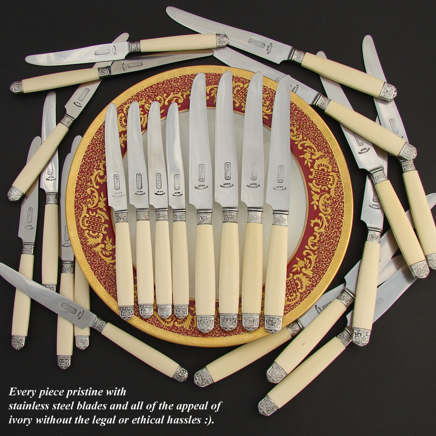 Elegant Vintage French 24pc Table Knife Set, Silver & Faux Ivory Elegant Vintage French 24pc Table Knife Set, Silver & Faux Ivory