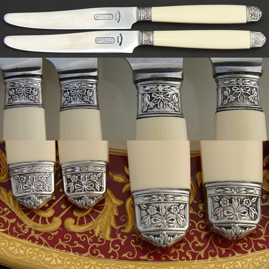 Elegant Vintage French 24pc Table Knife Set, Silver & Faux Ivory Elegant Vintage French 24pc Table Knife Set, Silver & Faux Ivory