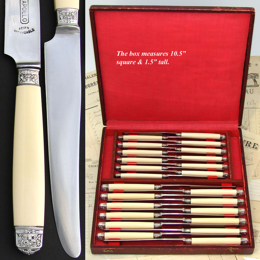 Elegant Vintage French 24pc Table Knife Set, Silver & Faux Ivory Elegant Vintage French 24pc Table Knife Set, Silver & Faux Ivory