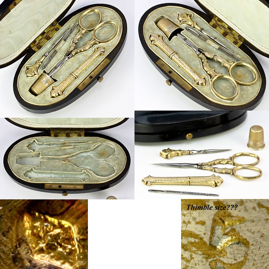 Antique Victorian French Sterling Vermeil Sewing Tools, Embroidery Etui, Complete Antique Victorian French Sterling Vermeil Sewing Tools, Embroidery Etui, Complete