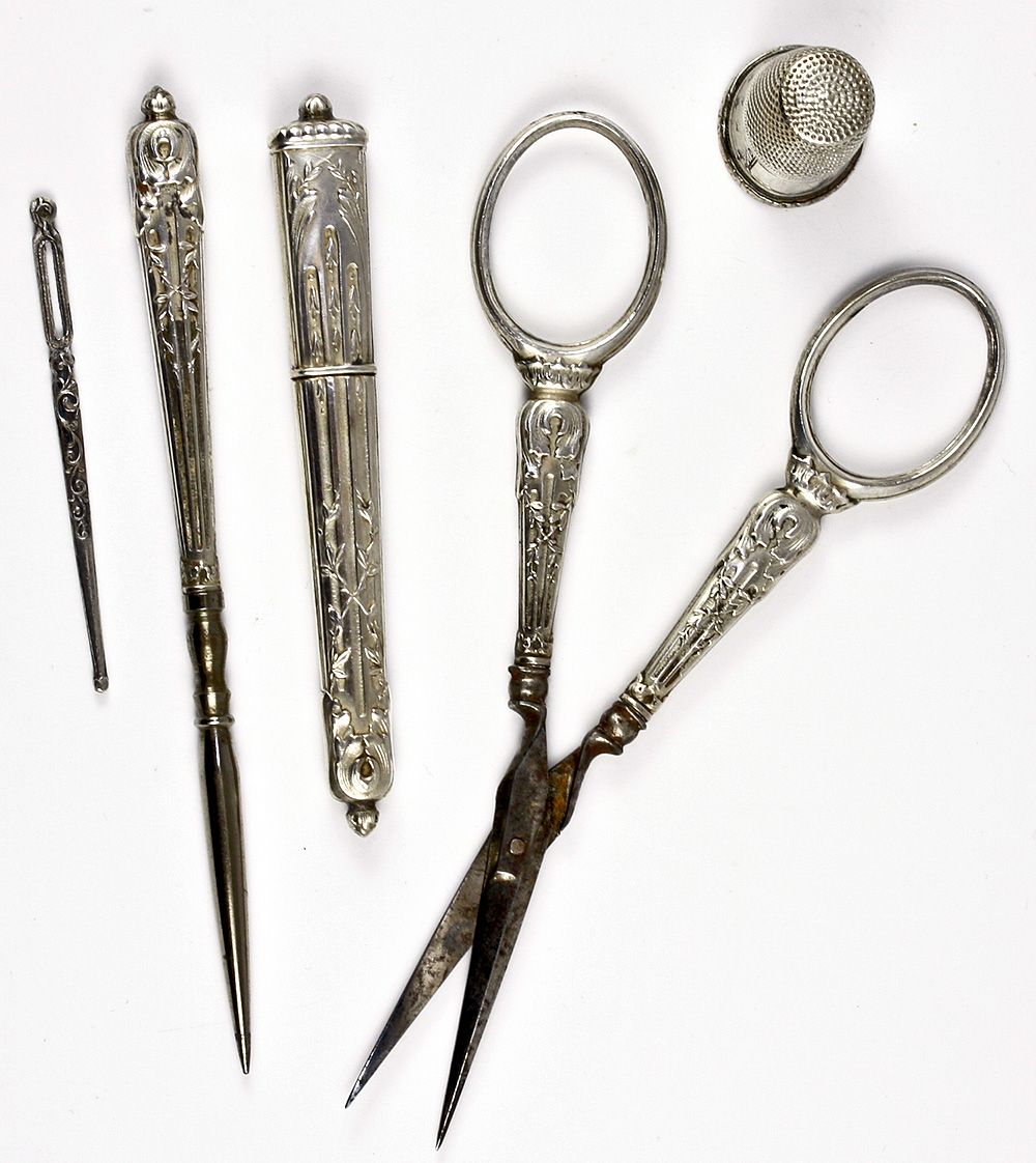 Antique French Silver Sewing Tools Set, Still in Original Etui, Box Antique French Silver Sewing Tools Set, Still in Original Etui, Box