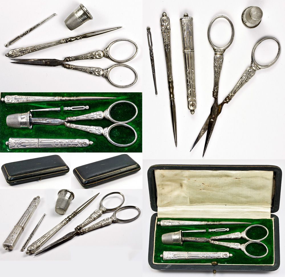 Antique French Silver Sewing Tools Set, Still in Original Etui, Box Antique French Silver Sewing Tools Set, Still in Original Etui, Box