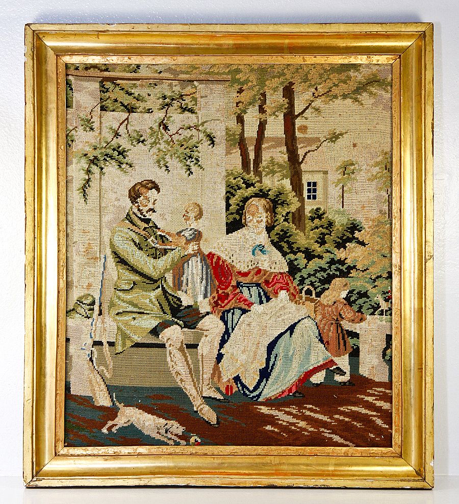 Antique Victorian Era Needlepoint Tapestry, Gilt Wood Frame Figural w