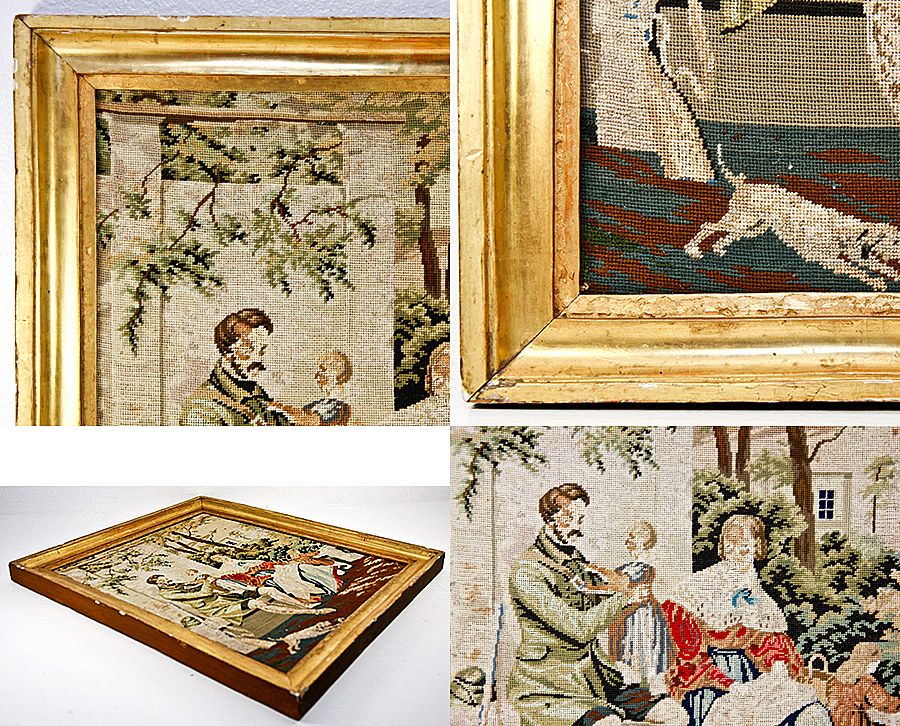 Antique Victorian Era Needlepoint Tapestry, Gilt Wood Frame Figural w