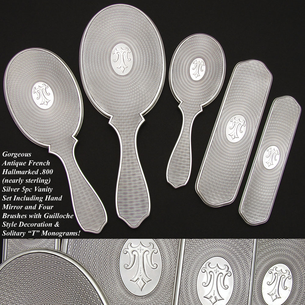 Antique French Hallmarked Silver 5pc Vanity Mirror & Brush Set