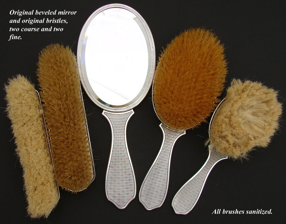 Antique French Hallmarked Silver 5pc Vanity Mirror & Brush Set