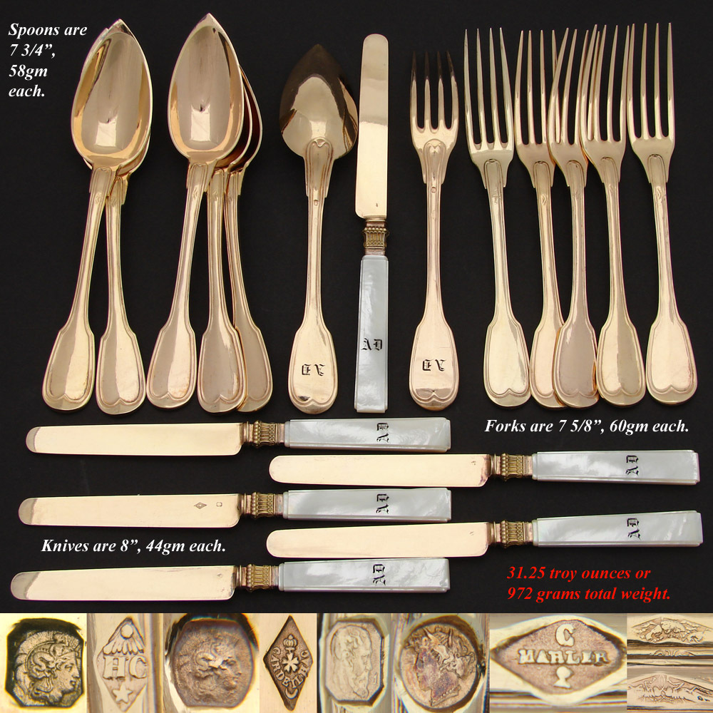 Antique French 18k Gold Vermeil on Sterling Silver 18pc Dessert