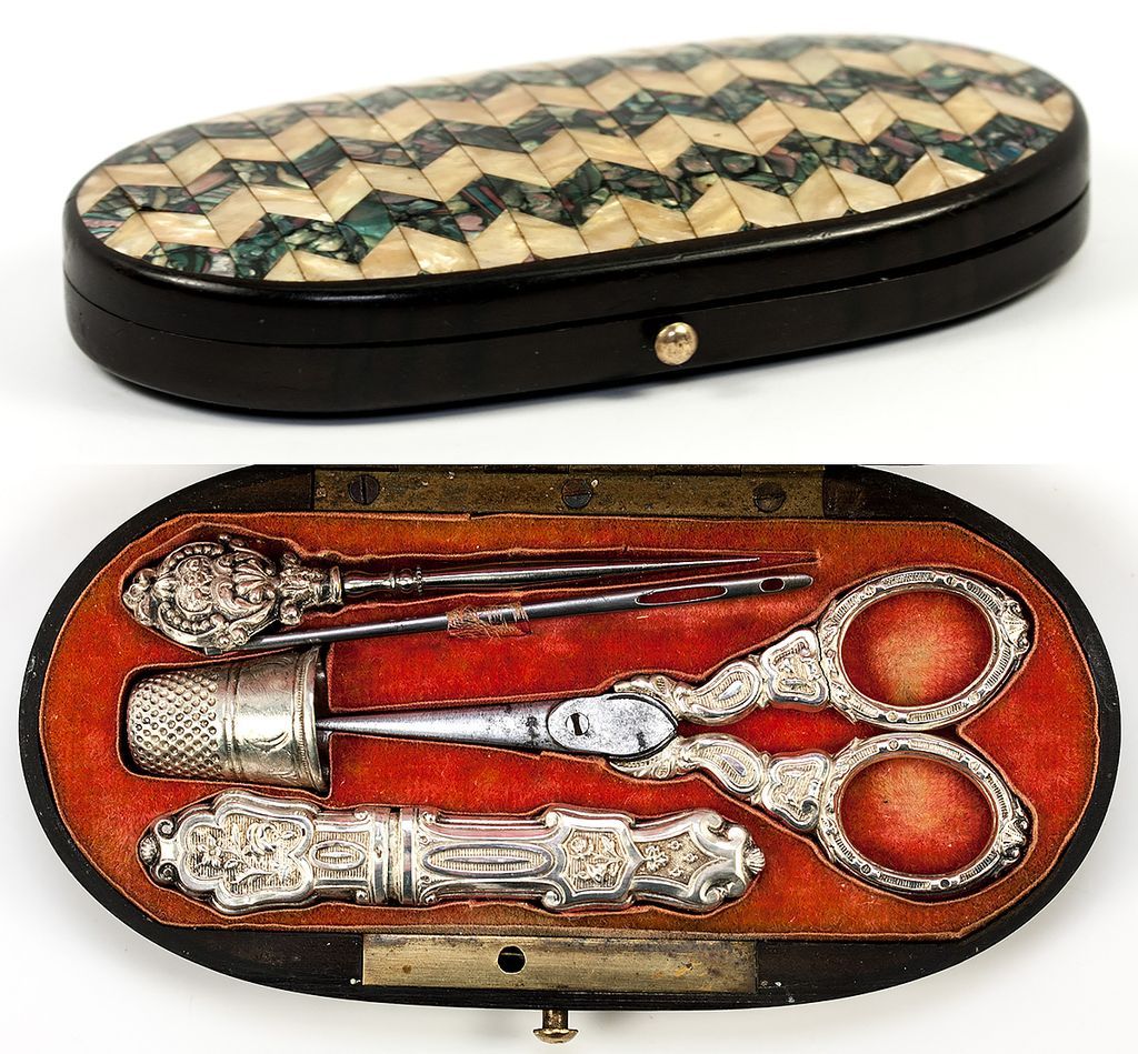 Antique French Sterling Silver Sewing Set in Superb Mother of Pearl