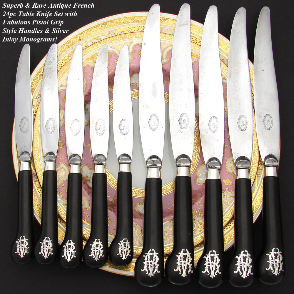 Antique French 24pc Table Knife Set, Pistol Grip Handles
