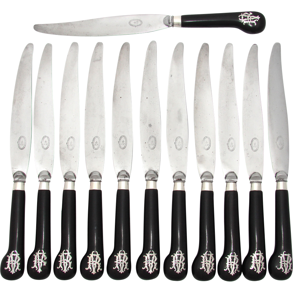 Antique French 24pc Table Knife Set, Pistol Grip Handles