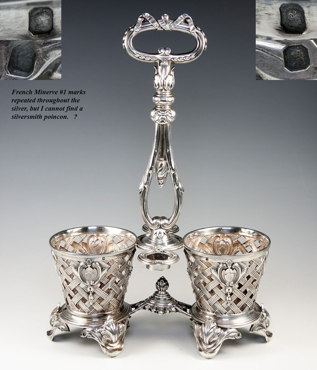 Superb Antique French Sterling Silver Oil & Vinegar Cruet Set, Cobalt