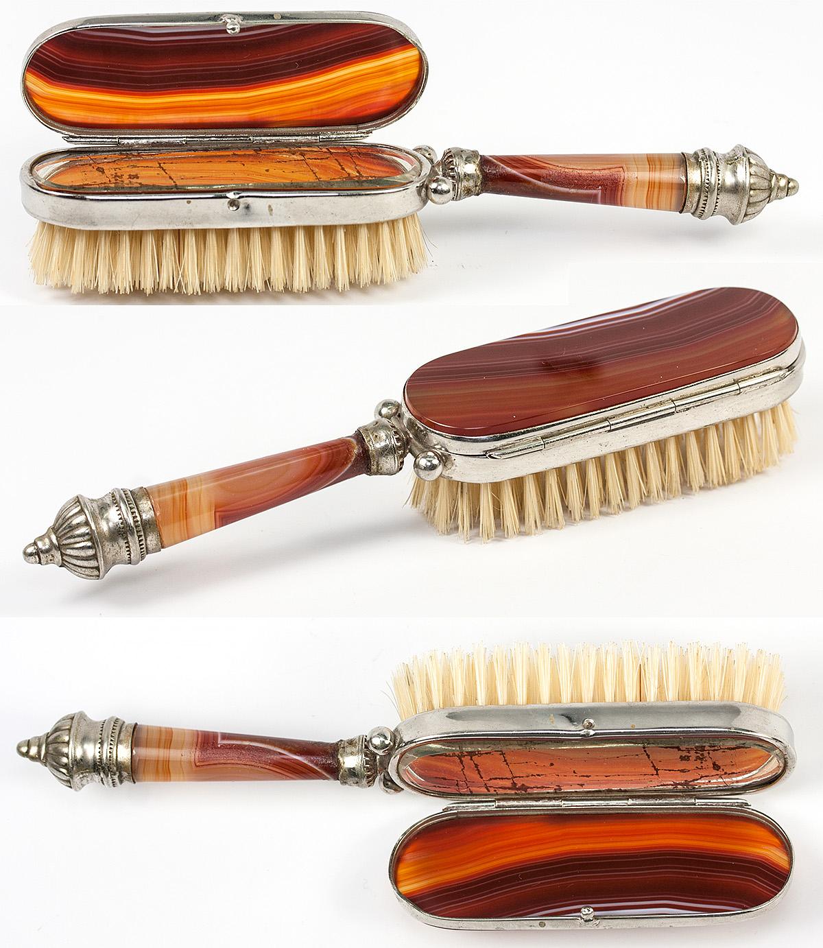 RARE Unusual Antique Banded Agate Hair Brush, Compact Combo, c.1800s