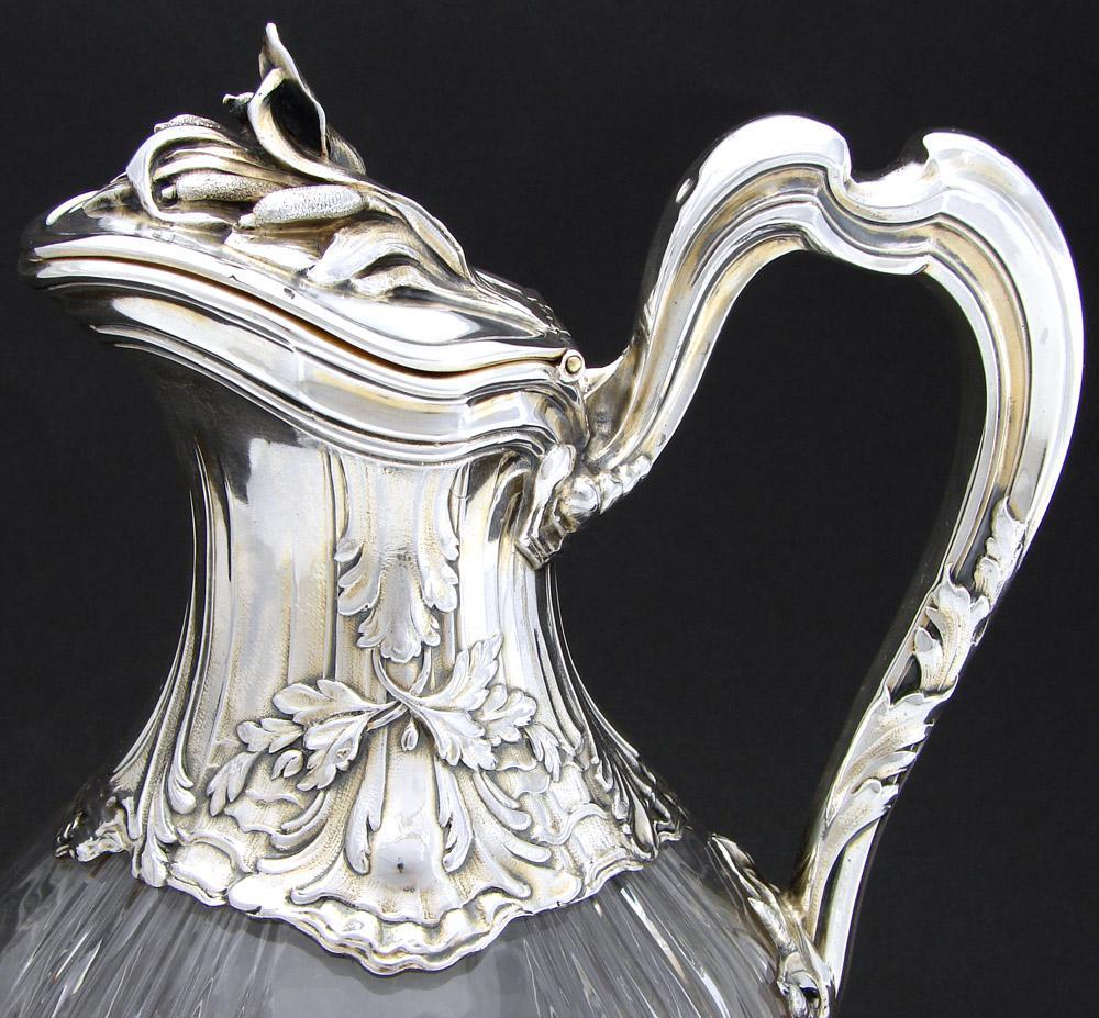 Superb Antique French Sterling Silver & Cut Glass or Crystal Claret Jug