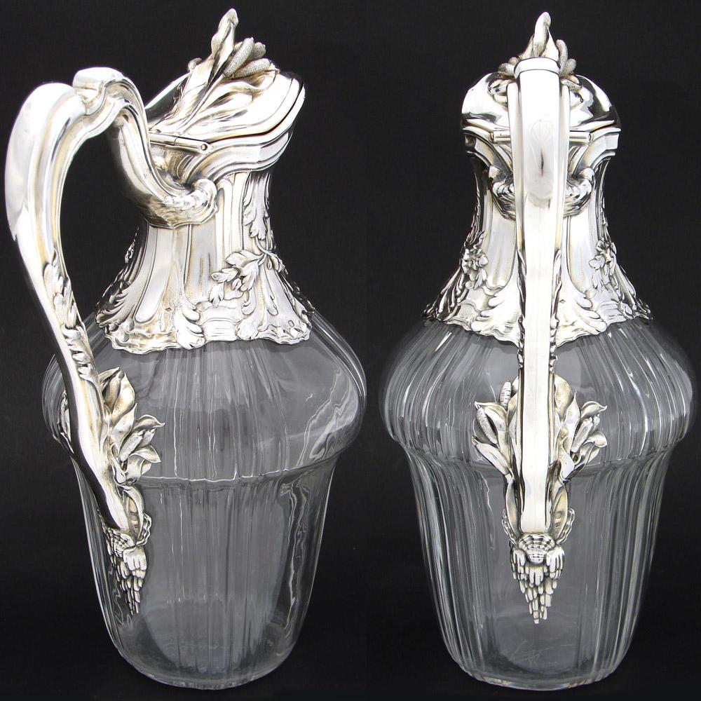 Superb Antique French Sterling Silver & Cut Glass or Crystal Claret Jug