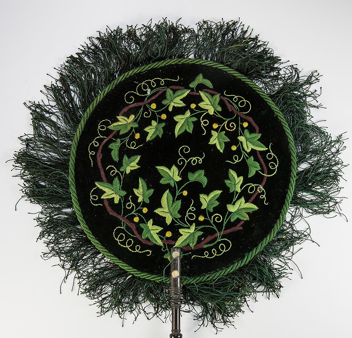 Fabulous Antique Victorian Needlework Face Screen Pair, Fringe & Silk