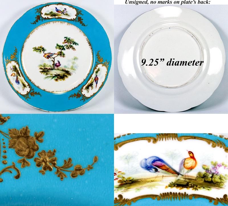 Antique Porcelain Plate, Raised Gold w/ Exotic Birds - Unsigned, 'Celeste' Blue Antique Porcelain Plate, Raised Gold w/ Exotic Birds - Unsigned, 'Celeste' Blue