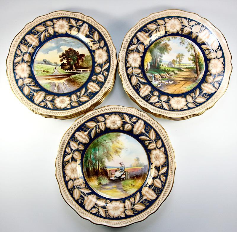 Magnificent set of 12 Antique Spode Copeland Cabinet Plates, 9 3/8" Cobalt & Gold, Hand Painted Pastoral Scenes Magnificent set of 12 Antique Spode Copeland Cabinet Plates, 9 3/8" Cobalt & Gold, Hand Painted Pastoral Scenes