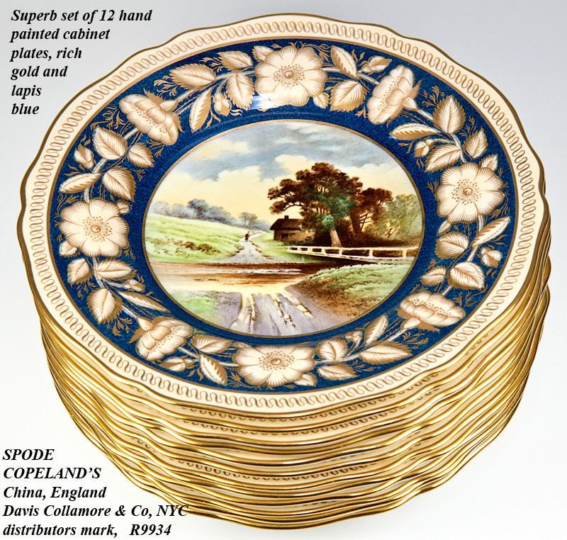 Magnificent set of 12 Antique Spode Copeland Cabinet Plates, 9 3/8" Cobalt & Gold, Hand Painted Pastoral Scenes Magnificent set of 12 Antique Spode Copeland Cabinet Plates, 9 3/8" Cobalt & Gold, Hand Painted Pastoral Scenes