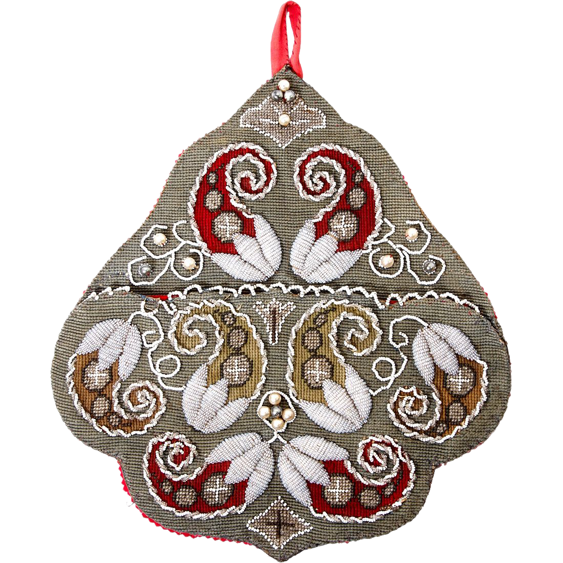 Antique Victorian Beadwork Wall Pocket, Needlepoint, 3D Raised