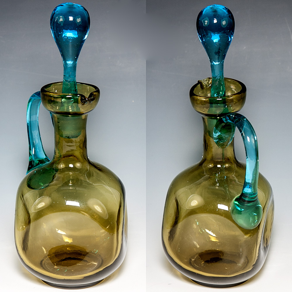 Antique French Blown Colored Glass Liqueur Carafe, Decanter & 6 Cups