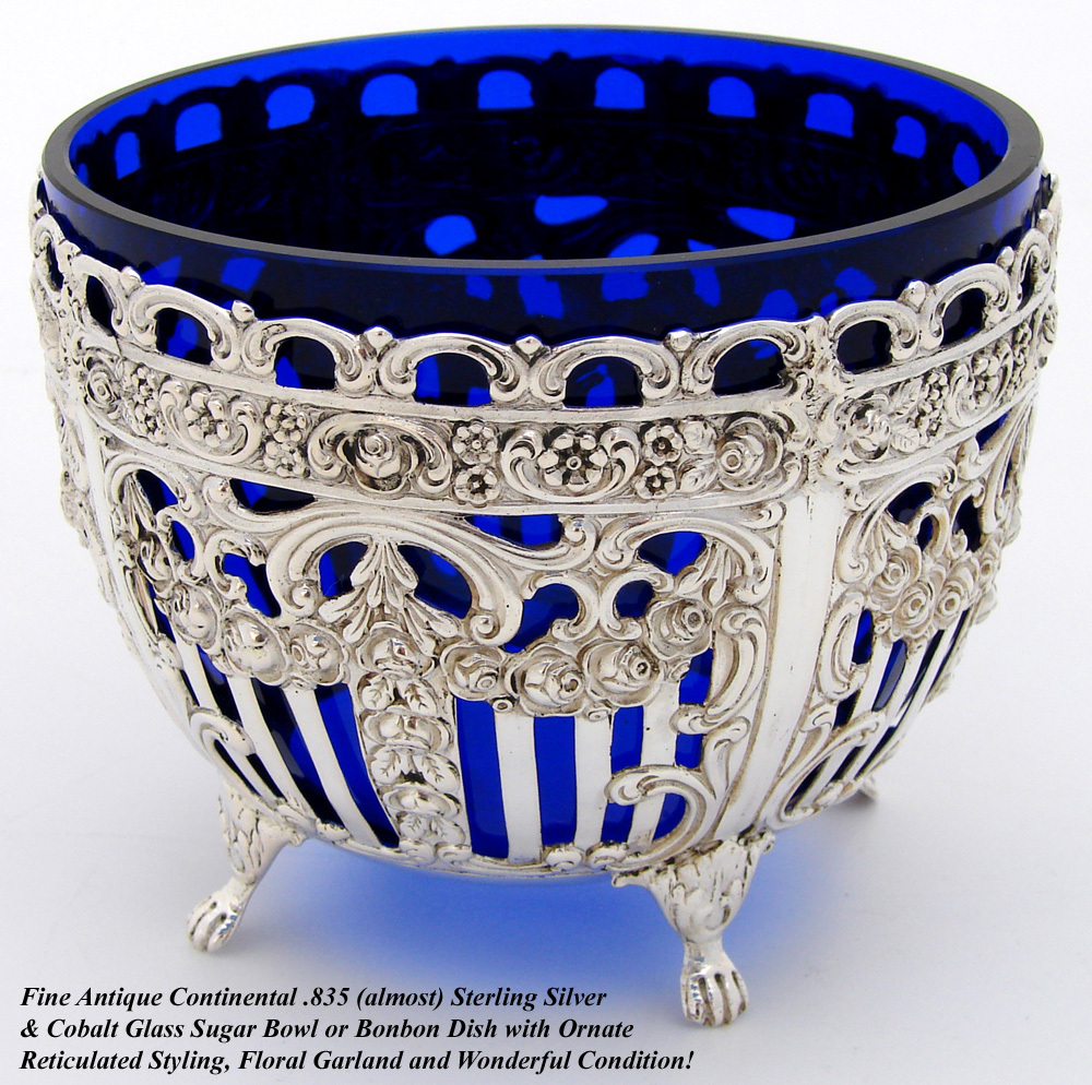 Antique Continental .835 (almost sterling) Silver & Cobalt Glass Sugar