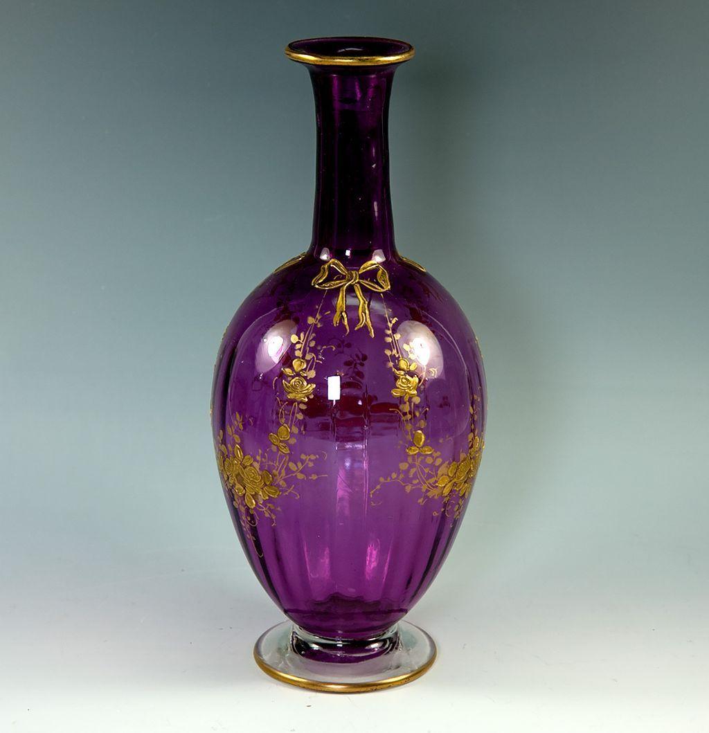 Antique French 9.5" Tall Vase, Raised Gold Enamel Bouquet Decoration