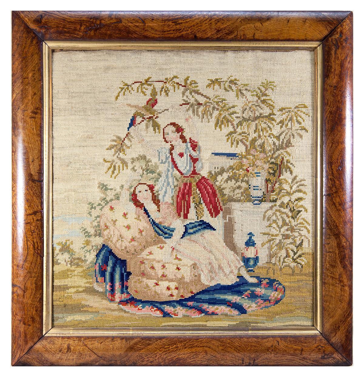 Antique Victorian Needlepoint Tapestry, Girls & Parrot in Original
