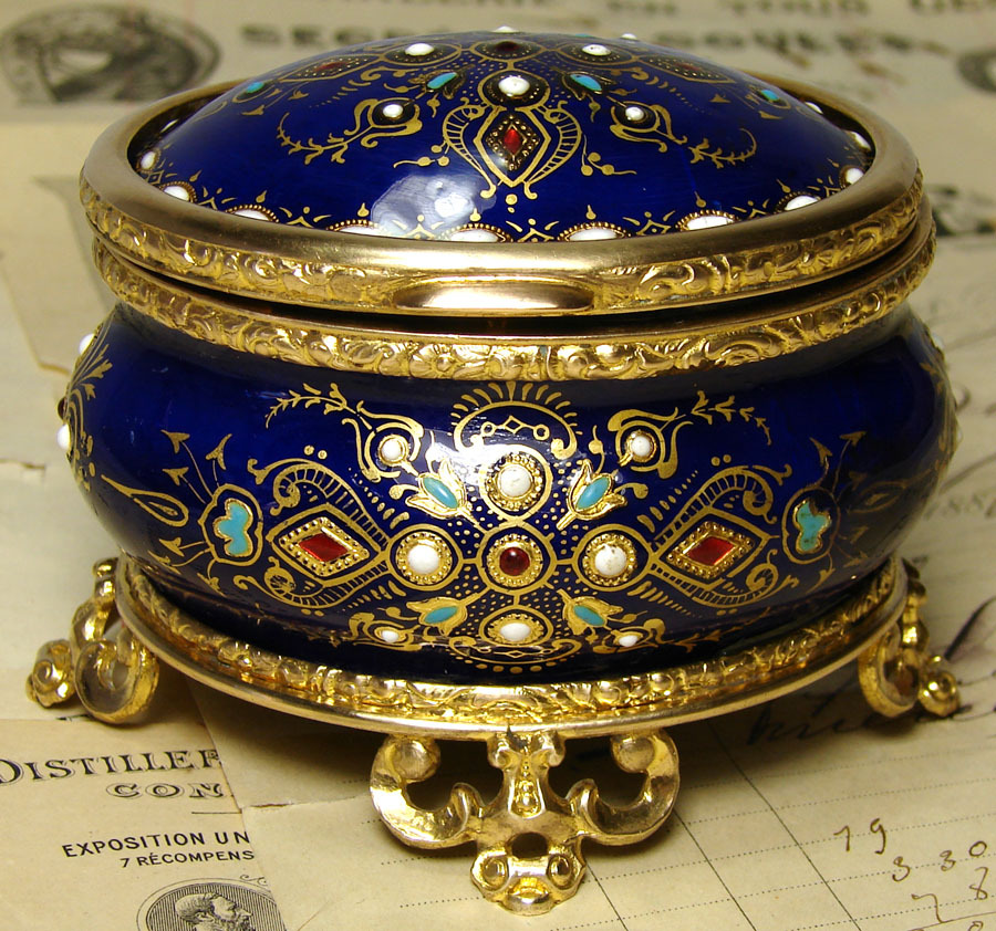 Lovely Antique French Jewelry Casket, 'Jeweled' Cobalt Enamel & Gilt