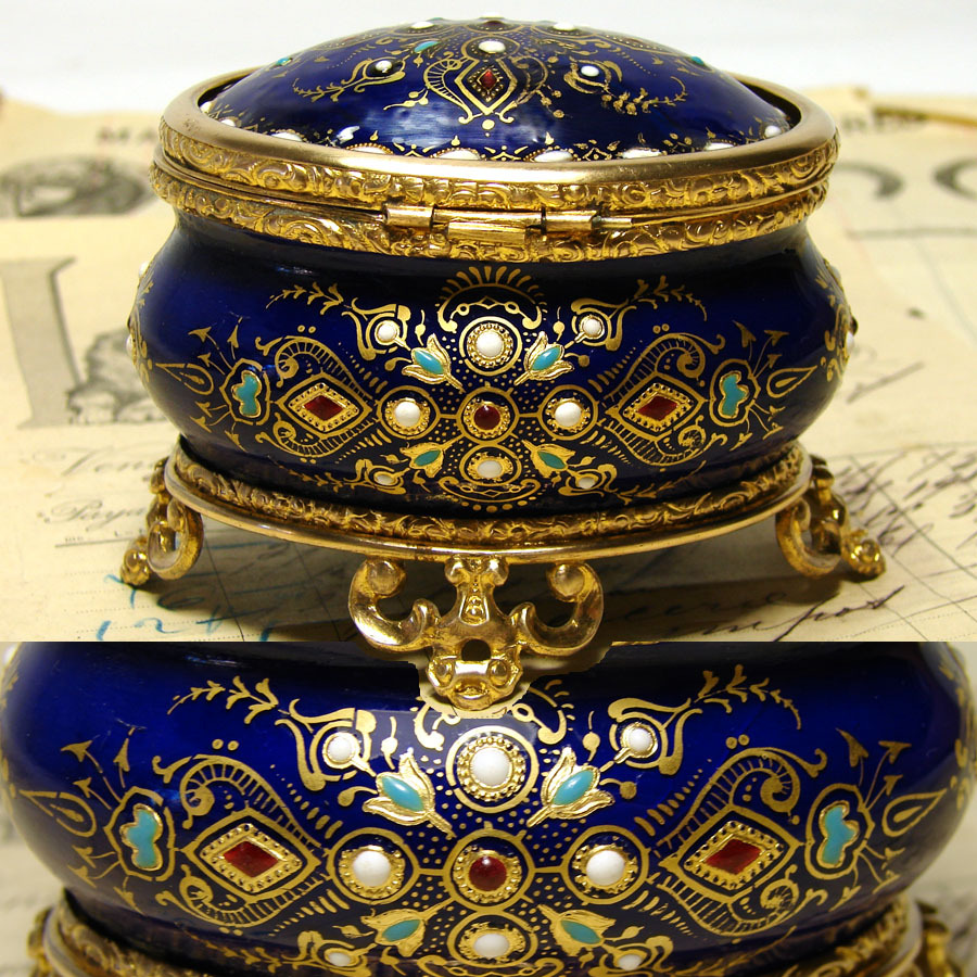 Lovely Antique French Jewelry Casket, 'Jeweled' Cobalt Enamel & Gilt
