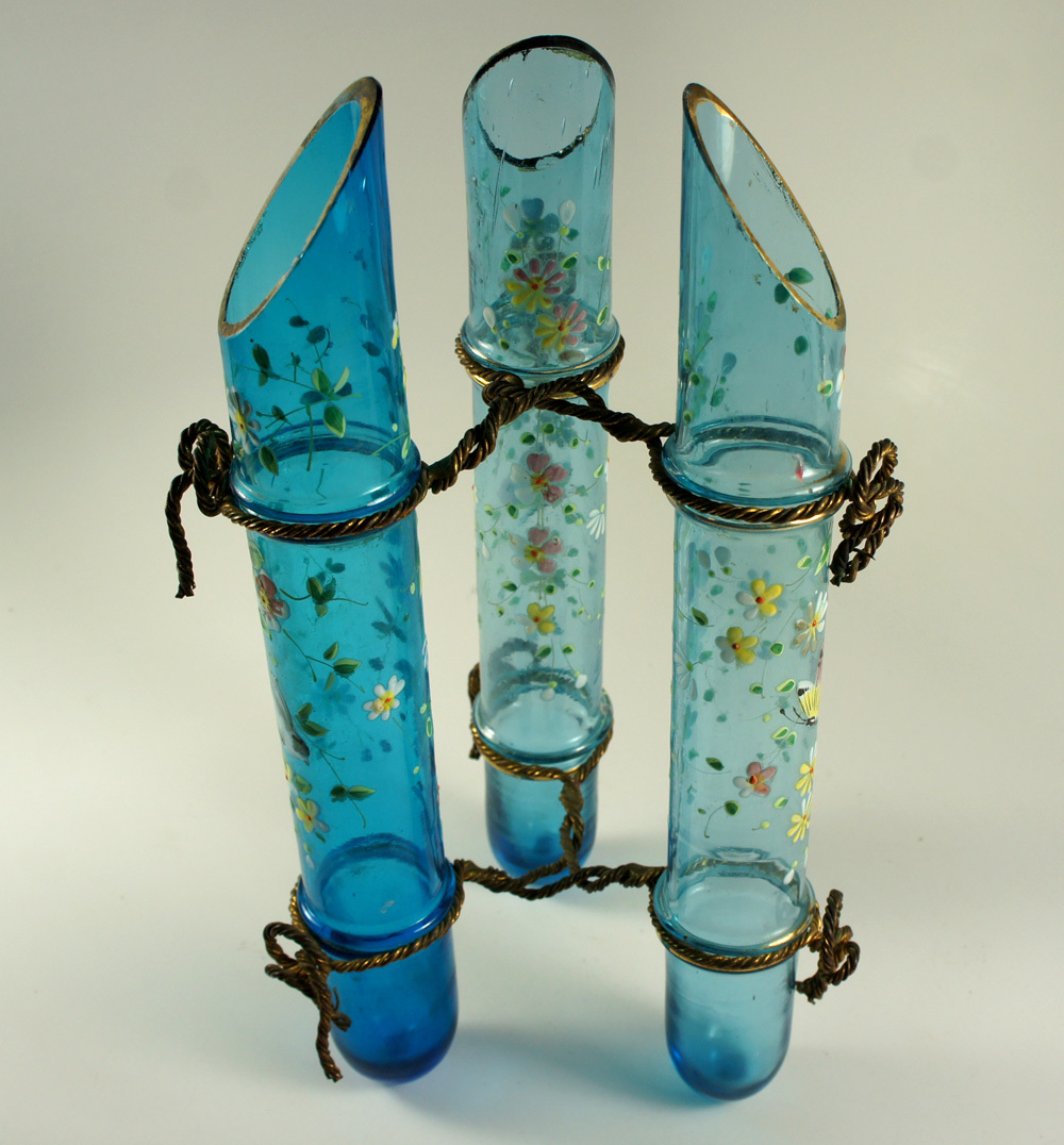 Antique Victorian French Art Glass 3 Tube Vase, Enamel & Ormolu