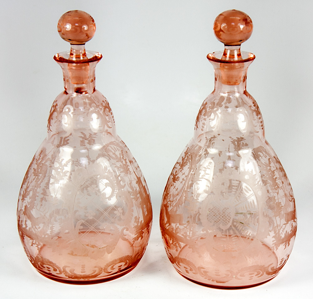 Antique Pair of Wheel Engraved Pink Glass Decanters, Carafe, Carafon