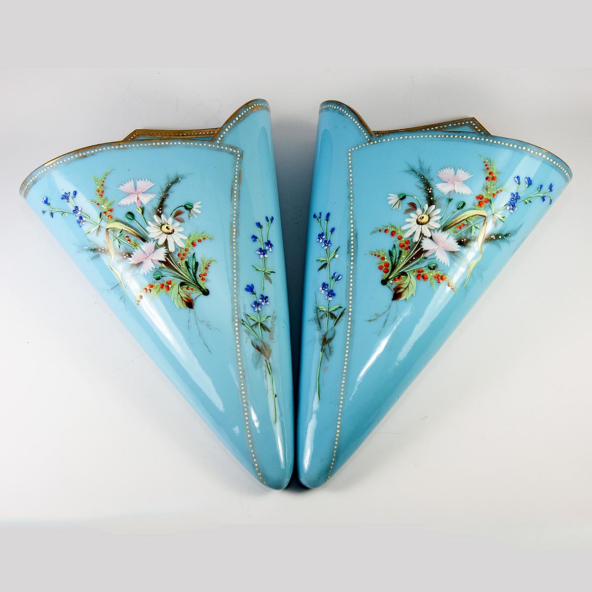 Antique Bohemian Harrach Opaline Vase PAIR, 2 Hanging Wall Pocket Vase