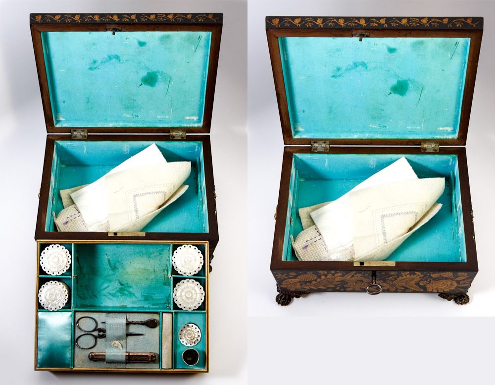 Regency Era Penwork Sewing Box, Casket with Sewing Tools, MOP Spools Regency Era Penwork Sewing Box, Casket with Sewing Tools, MOP Spools