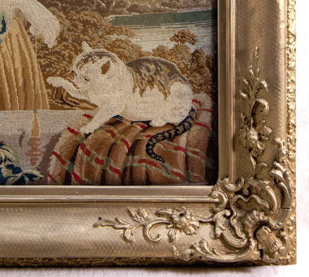 Antique Victorian Needlework Tapestry in Fine Frame, Needlepoint Cat