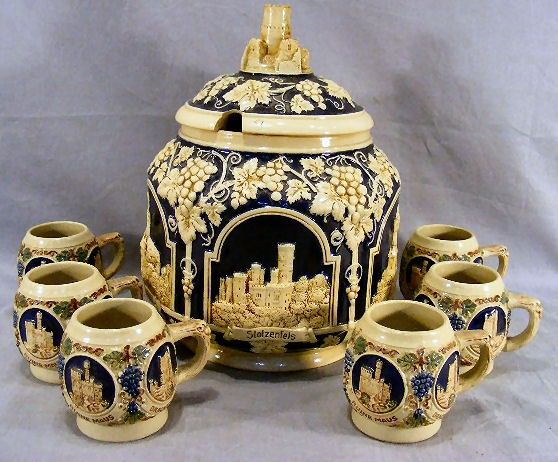 German Relief Punch Bowl and Cups German Relief Punch Bowl and Cups