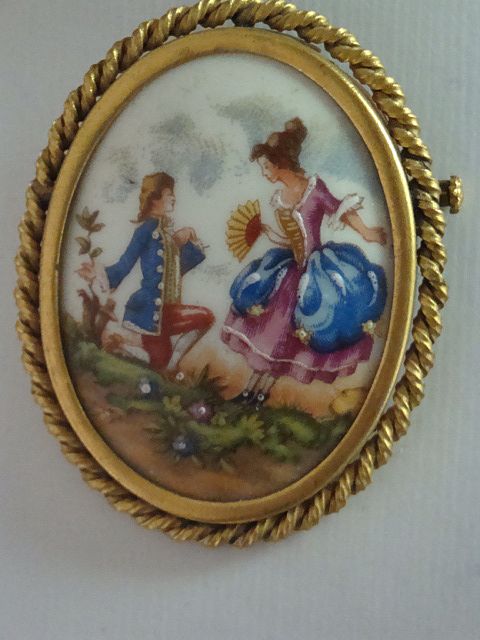 Vintage French Hand Painted Limoges Courtship Brooch Vintage French Hand Painted Limoges Courtship Brooch
