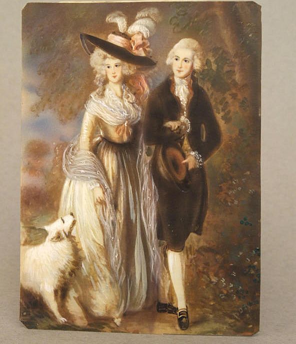 English Miniature Portrait The Morning Walk on Ivory English Miniature Portrait The Morning Walk on Ivory