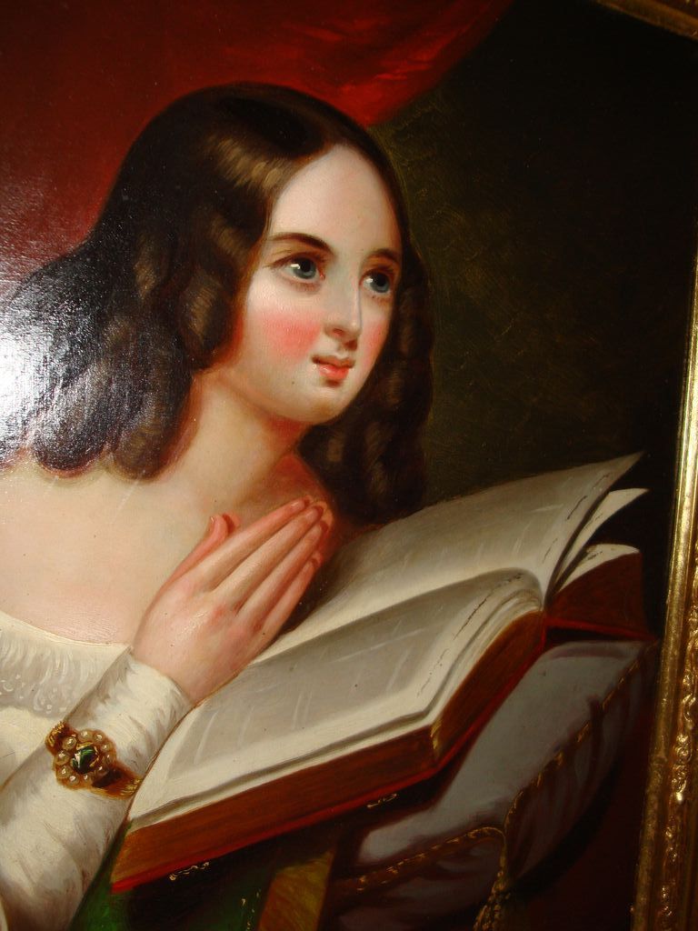 Europeon Old School Oil Panel Of Young Woman Reading Europeon Old School Oil Panel Of Young Woman Reading