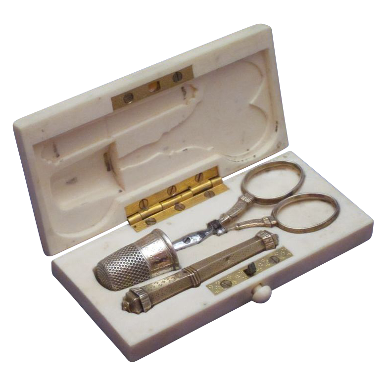 c1850 Ivory & Silver Vermeil French Sewing Set Etui, COMPLETE! c1850 Ivory & Silver Vermeil French Sewing Set Etui, COMPLETE!