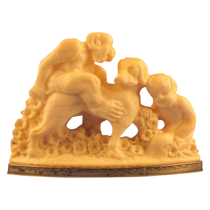 c1800 European Ivory & Silver Carving - Boy & Monkey on Dog c1800 European Ivory & Silver Carving - Boy & Monkey on Dog