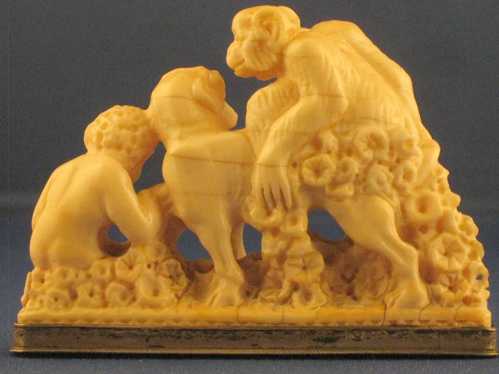 c1800 European Ivory & Silver Carving - Boy & Monkey on Dog c1800 European Ivory & Silver Carving - Boy & Monkey on Dog