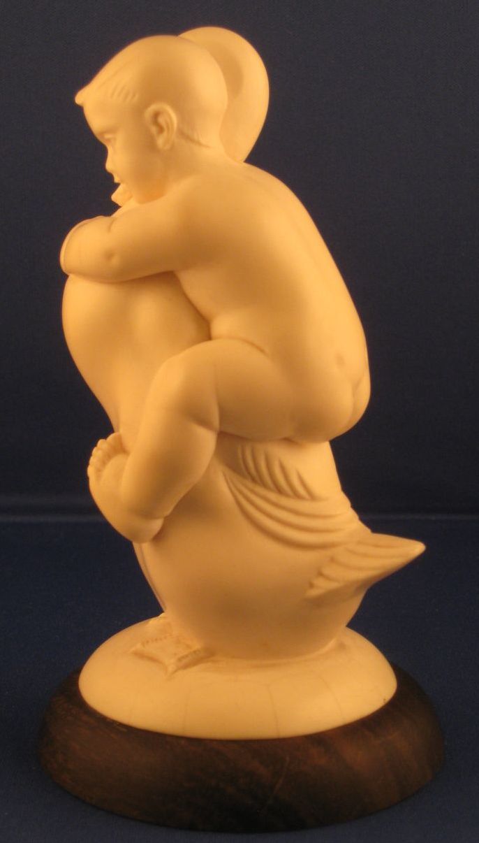 HEAVY DIEPPE Carved Ivory Figure of Child Riding a Duck, French HEAVY DIEPPE Carved Ivory Figure of Child Riding a Duck, French