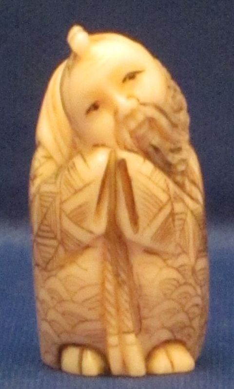 Signed Carved Japanese Ivory Netsuke of Wise Old Man Signed Carved Japanese Ivory Netsuke of Wise Old Man