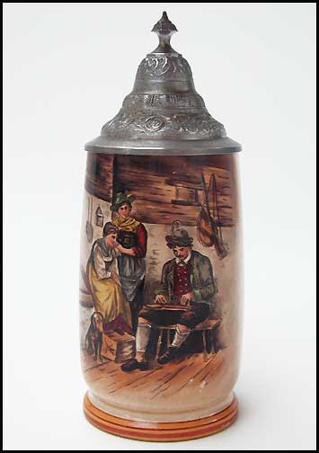 German Beer Stein Indoor Cabin Scene Pewter Lid German Beer Stein Indoor Cabin Scene Pewter Lid