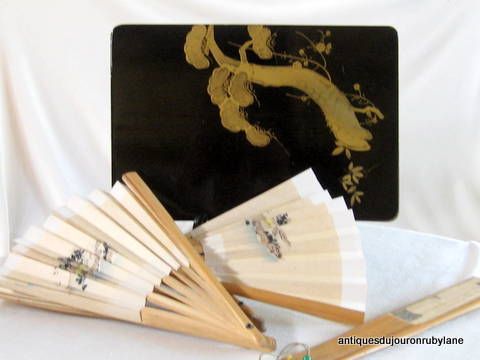 Vintage Japanese Hand Fans Hand Painted With Black Lacquer Box Five Fans Vintage Japanese Hand Fans Hand Painted With Black Lacquer Box Five Fans