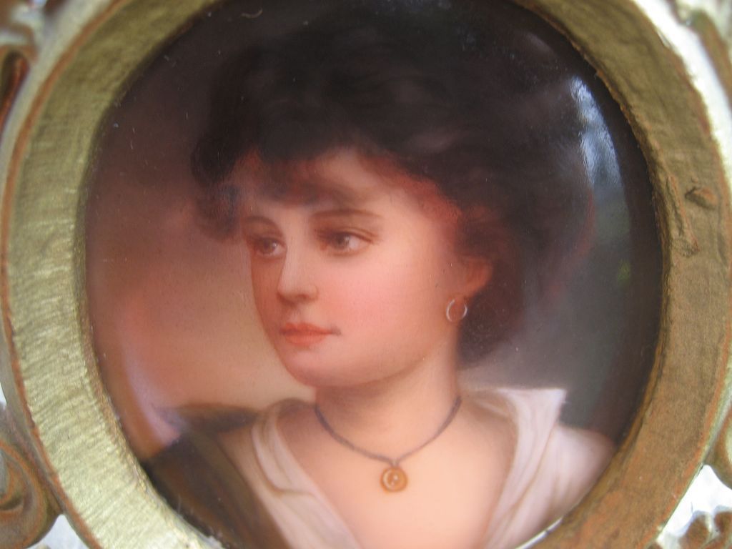 Antique Miniature Hand Painted Figural Portrait of Beautiful Women on Porcelain German Bronze Frame Antique Miniature Hand Painted Figural Portrait of Beautiful Women on Porcelain German Bronze Frame