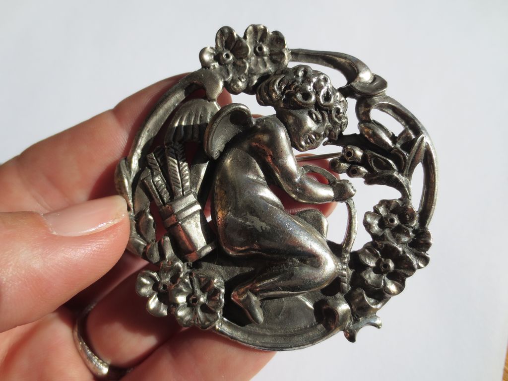 Antique Art Nouveau Silver Cupid Brooch ~ Extra Large Scale Antique Art Nouveau Silver Cupid Brooch ~ Extra Large Scale